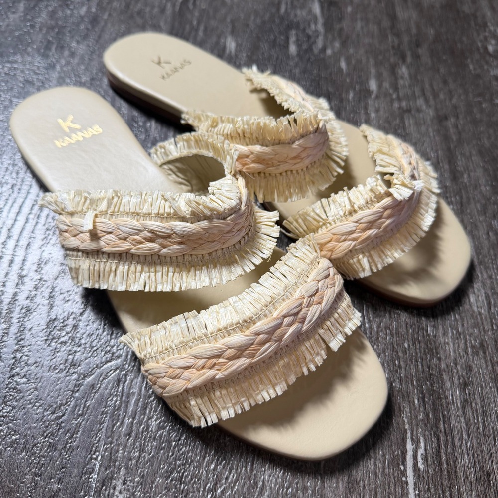 KAANAS Slide Sandals Womens 8 Natural Raffia Braided Fringe Flat Slip On Beach